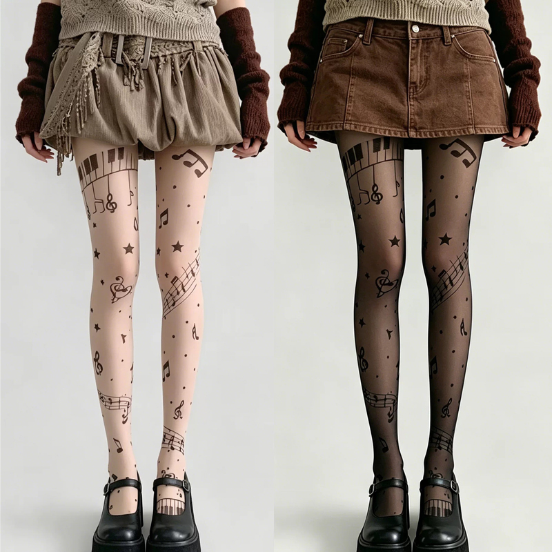 Y2K Musical Note Print Sheer P - Tights Pantyhose Sheer ulasan dan harga