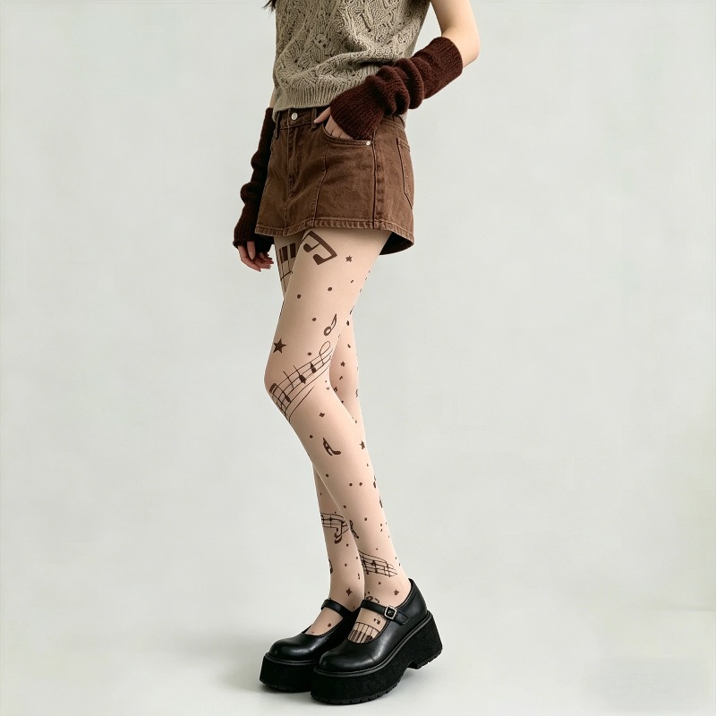 Y2K Musical Note Print Sheer P - Tights Pantyhose Sheer ulasan dan harga