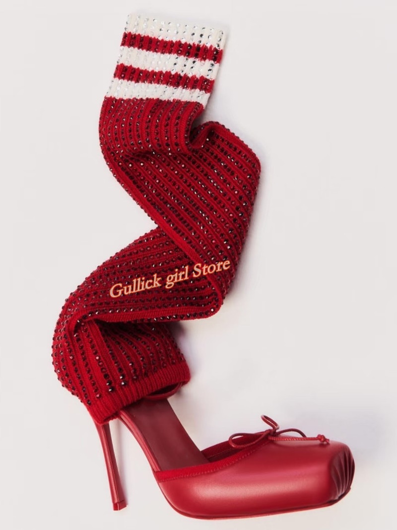 Red Knit Square Toe Boots Cut  - Knee High Sock Women ulasan dan harga