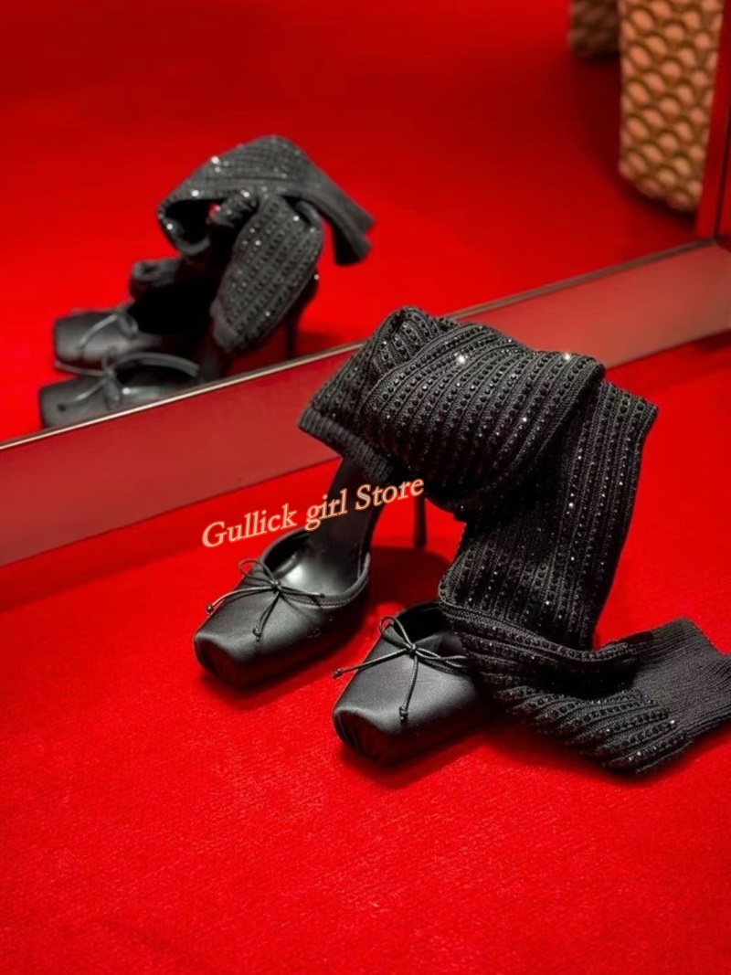 Red Knit Square Toe Boots Cut  - Knee High Sock Women ulasan dan harga